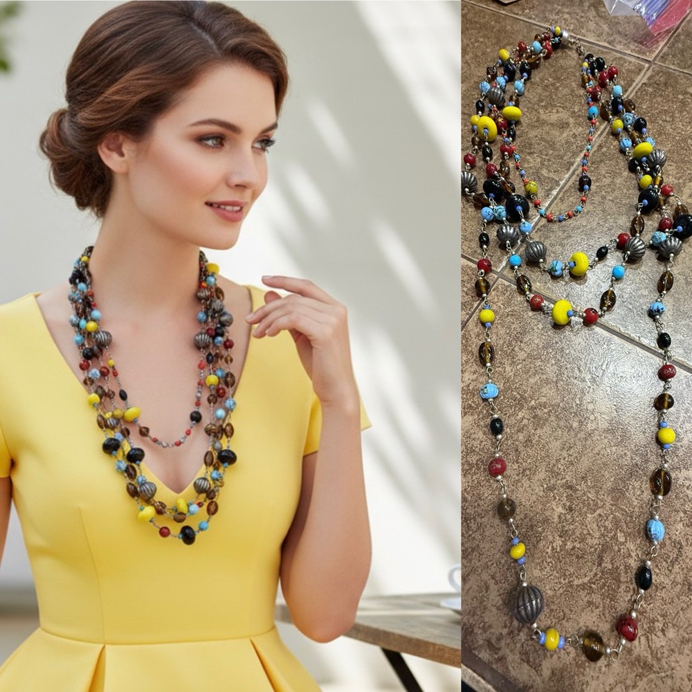 Vintage Multi Strand Glass Bead Statement Necklace Colorful Boho 60s 70s Style